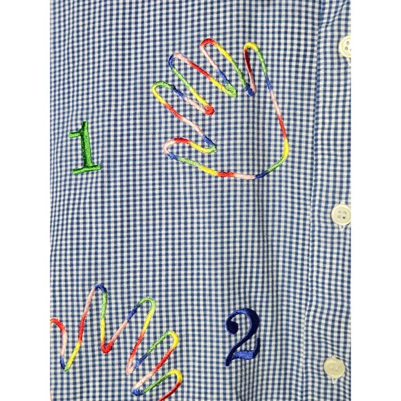 Mili Designs Women Blue Checkered Embroidered Button Up Shirt Size Large Teacher - Picture 8 of 13